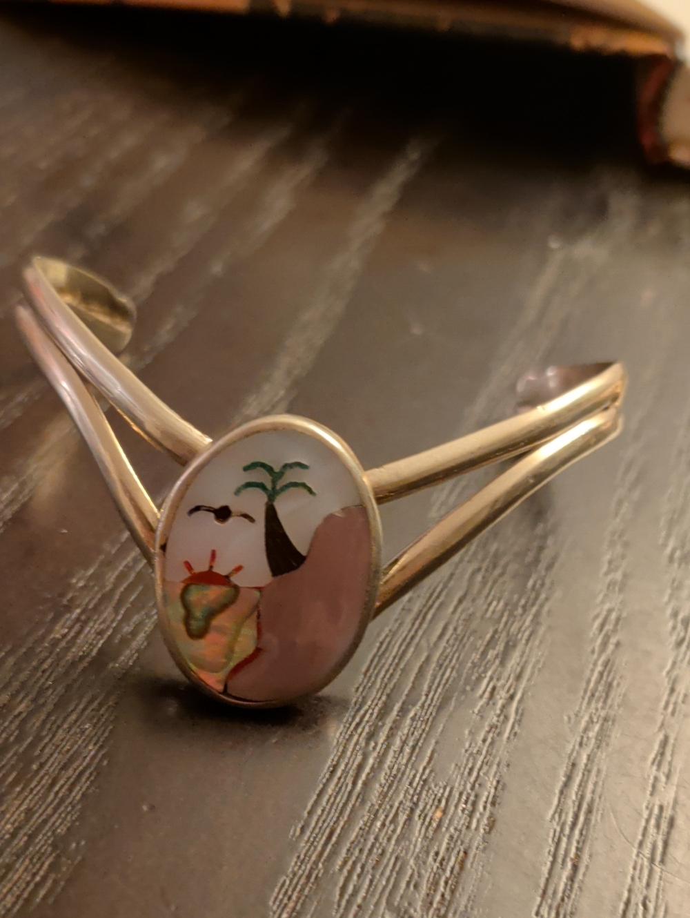 Palm, Bird, Sunrise, Ocean, Small Cuff With Iridescent Abalone, Mother Of Pearl